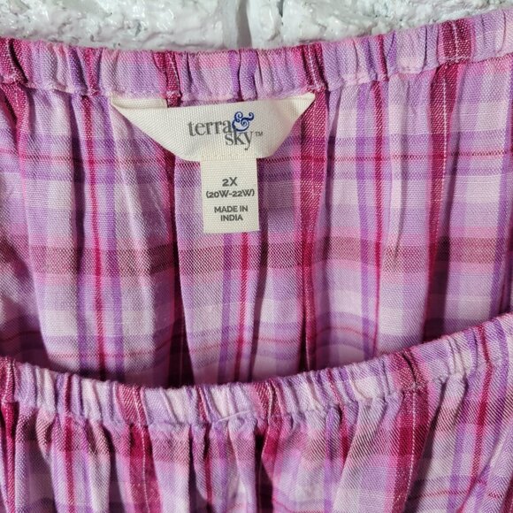 Terra Sky Womens Top 2X Plus Peasant Pink Plaid On Off Shoulder PLA114E - Picture 6 of 8